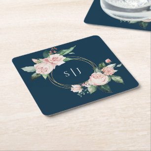 Blush Floral Navy Hochzeitsmonogramm Rechteckiger Pappuntersetzer