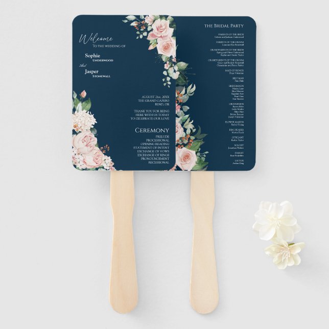Blush Floral Navy Hochzeitsprogramm Fan Fächer (Vorne und Hinten)