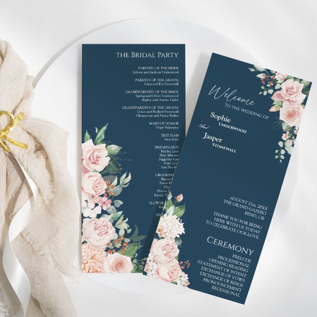 Blush Floral Navy Hochzeitsprogramm Programm (Von Creator hochgeladen)