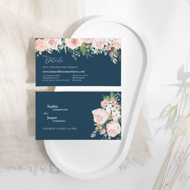 Blush Floral Navy Hochzeitswebkarte Begleitkarte (Von Creator hochgeladen)