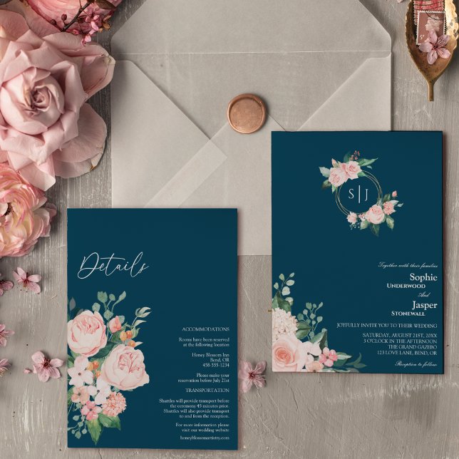 Blush Floral Navy Monogramm alle in einer Hochzeit Einladung (Von Creator hochgeladen)
