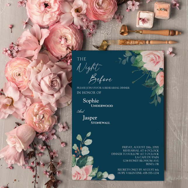 Blush Floral Navy Night Before Probe Dinner Einladung (Von Creator hochgeladen)