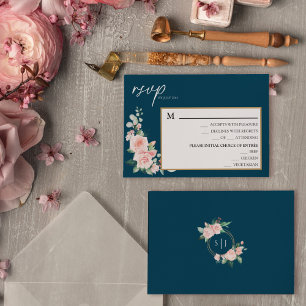 Blush Floral Navy Wedding Menü RSVP Karte