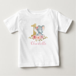Blush Floral Niedlich Baby Elephant 1. Geburtstag  T-shirt