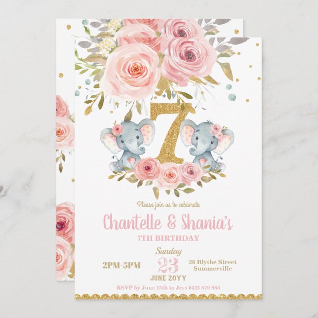 Blush Floral Niedlich Elephant Twin Girls 7. Gebur Einladung (Vorne/Hinten)