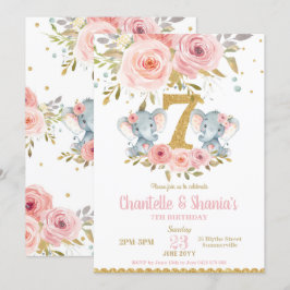Blush Floral Niedlich Elephant Twin Girls 7. Gebur Einladung