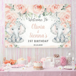 Blush Floral Niedlich Elephant Twins Geburtstagsgr Banner