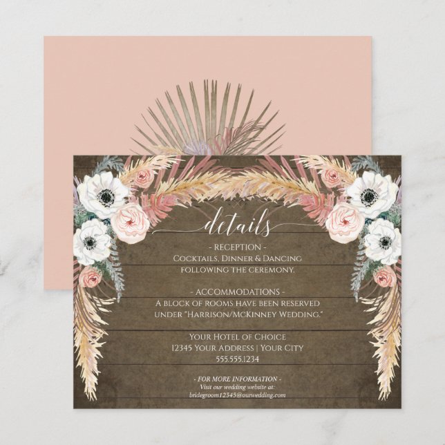 Blush Floral Pampas Gras rustikale Hochzeiten Deta Einladung (Vorne/Hinten)