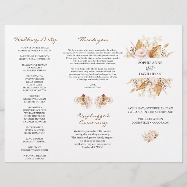 Blush Floral Pampas Grass Tri+Fold Hochzeitsprogra Flyer (Vorne)