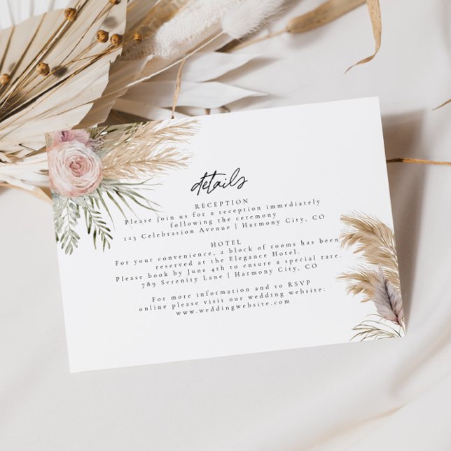 Blush Floral Pampas Grass Wedding Details Card Begleitkarte (Von Creator hochgeladen)
