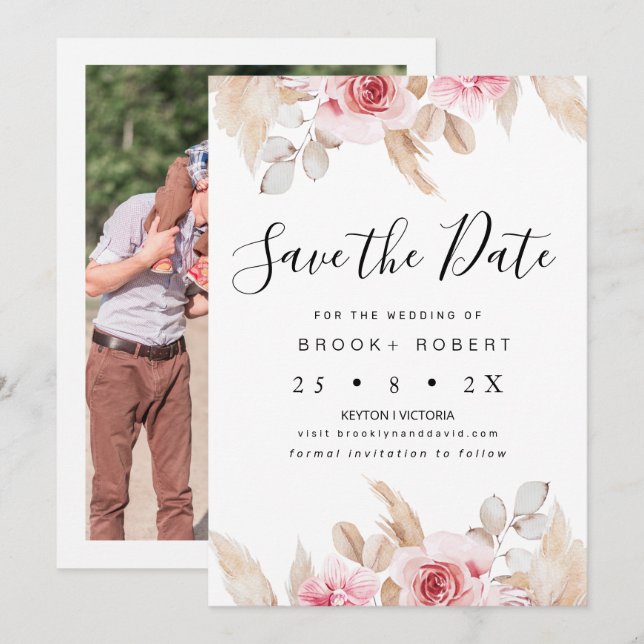 Blush Floral Pampas Wedding Save the Date Card Einladung (Vorne/Hinten)