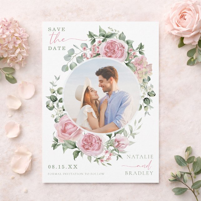 Blush Floral Peonies and Roses Photo Save The Date Einladung (Blush Floral Peonies and Roses Photo Save The Date Invitation)