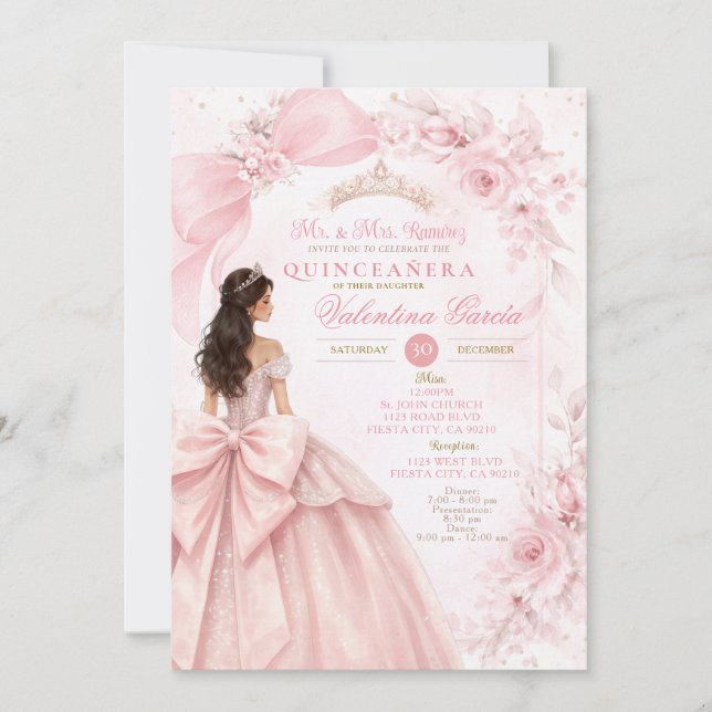 Blush Floral Pink Quinceañera Invitation Einladung (Vorderseite)