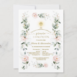 Blush Floral Primera Comunión Twins Holy Communion Einladung