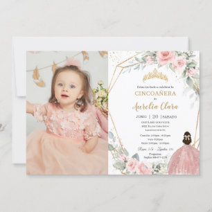 Blush Floral Princess Cincoañera 5 Foto Einladung