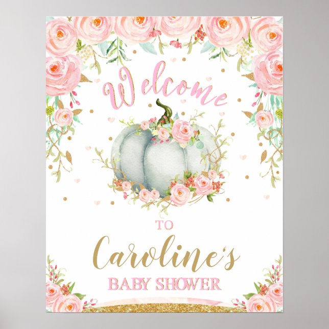 Blush Floral Pumpkin Baby Dusche Begrüßungszeichen Poster (Vorne)