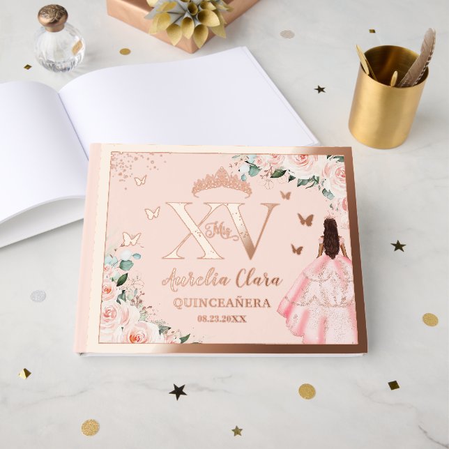 Blush Floral Quinceañera Quince 15 XV Rose Gold Gästebuch (Vorderseite offen)