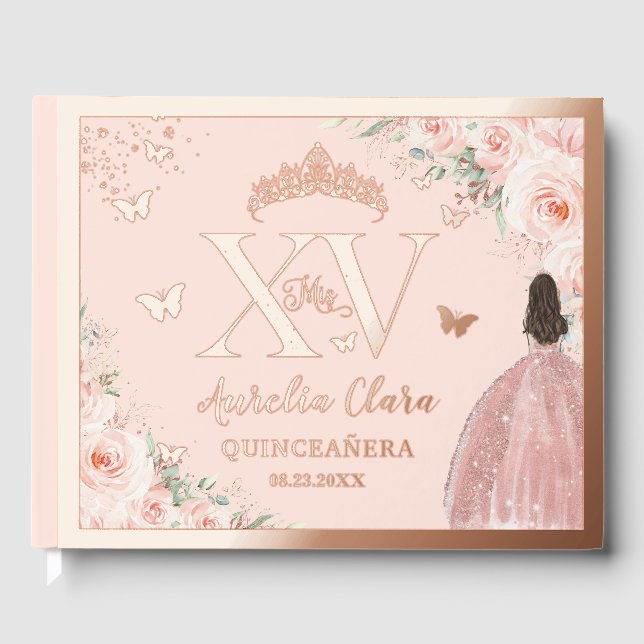 Blush Floral Quinceañera Quince 15 XV Rose Gold Gästebuch (Vorderseite)