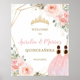 Blush Floral Quinceañera Twins Gemeinsamer Geburts Poster