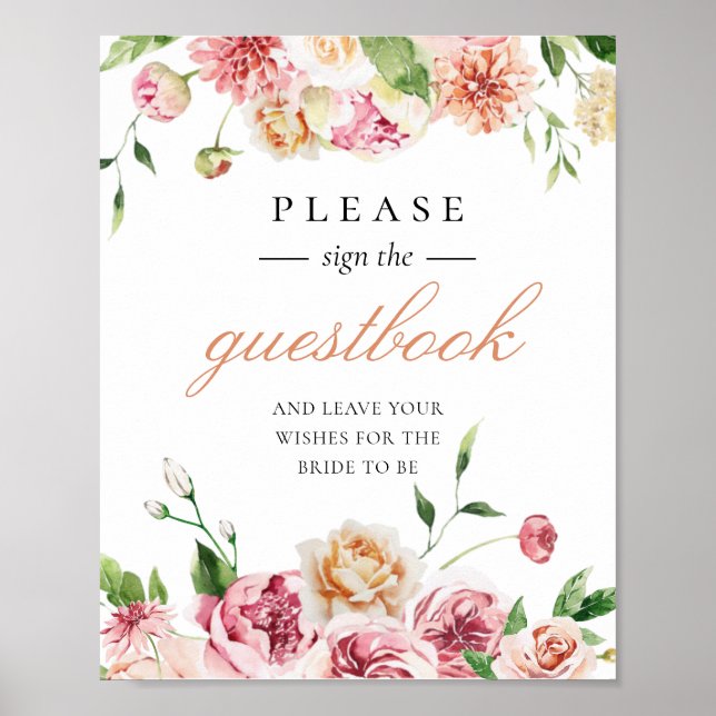 Blush Floral Romantisches Brautparty Gästebuchunte Poster (Vorne)