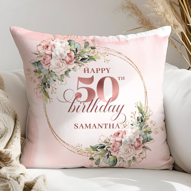 Blush Floral Rose Gold 50th Birthday Pillow Gift Kissen (Blush Floral Rose Gold 50th Birthday Pillow Gift)