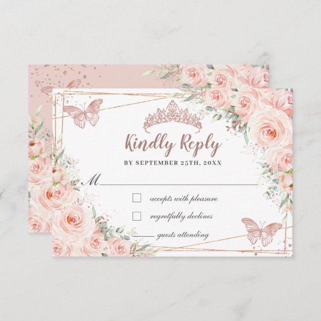 Blush Floral Rose Gold Butterfly Quinceañera Antwo RSVP Karte (Vorne/Hinten)