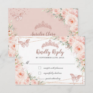 Blush Floral Rose Gold Butterfly Quinceañera Antwo RSVP Karte