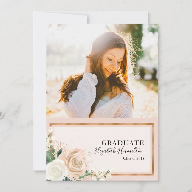 Blush Floral & Rose Gold Foto Grad Ankündigung (Vorderseite)