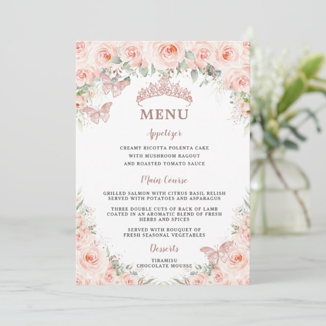 Blush Floral Rose Gold Quinceanera 15 16 Menu Kart Einladung (Stehend Vorderseite)