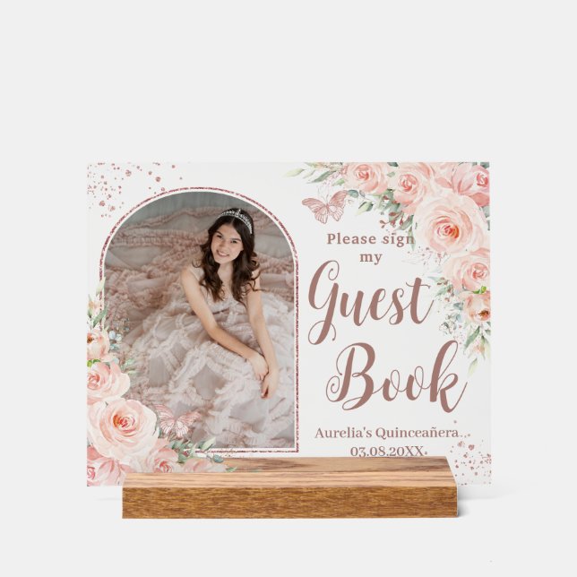Blush Floral Rose Gold Quinceanera 16 Gästebuch Acrylschild (Vorderseite)