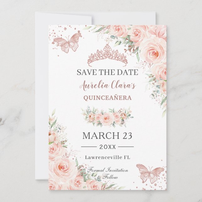 Blush Floral Rose Gold Quinceanera Butterfliegen Save The Date (Vorderseite)