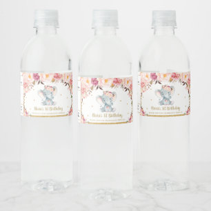 Blush Floral Rose Niedlich Elefant 1. Geburtstag Wasserflaschenetikett