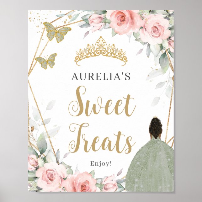 Blush Floral Sage Green Quinceanera Sweet Leckerei Poster (Vorne)