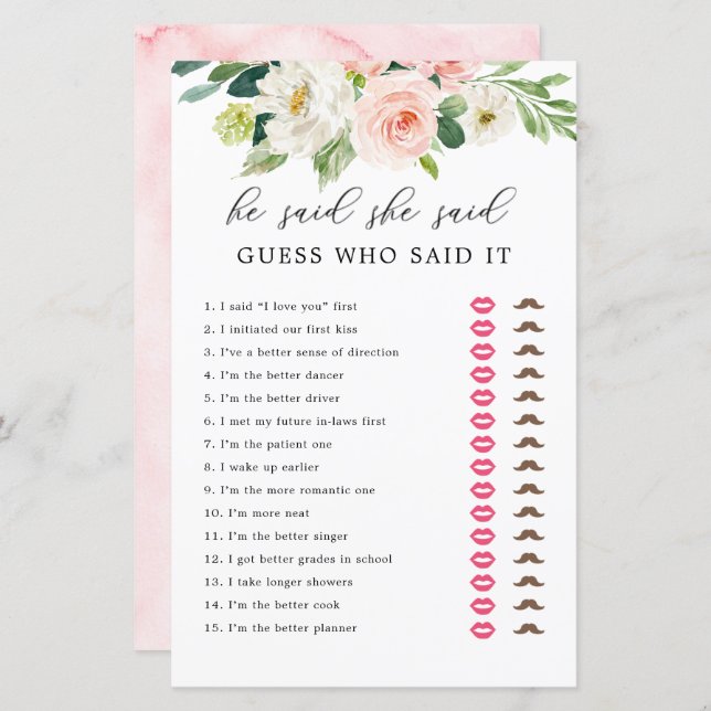 Blush Floral sagte er sagte, sie raten Spielkarten (Vorne/Hinten)