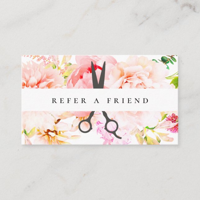 Blush Floral Salon Scheren Logo Reader A Friend Visitenkarte (Vorderseite)