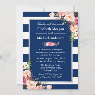 Blush Floral Silver Navy Blue Streifen Hochzeit Einladung