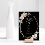 Blush Floral Simple Black Wedding Tischnummer<br><div class="desc">Dieses blumenschlichte Schwarz-Hochzeitsdesign zeichnet sich durch einen eleganten, neutralen Hintergrund aus Schwarz oder Weiß aus. Moderne Typografie und elegante Kalligraphie sorgen für ein elegantes Set für jede Art von Tischnummer. Jedes Produkt ist mit wunderschönen, rosa Rosen mit üppigen Rosen und pfirsichfarbenen und elfenbeinigen Hydrangeas, die mit üppigen Eukalyptus- und grünen...</div>