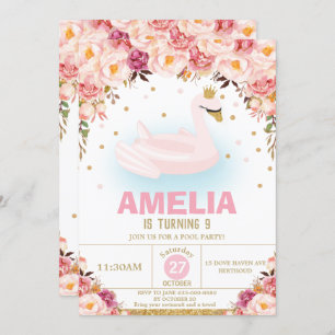 Blush Floral Swan Princess Pool Geburtstagsparty Einladung