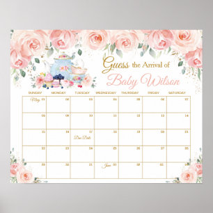 Blush Floral Tea Party Guess Baby's Arrival Game  Poster