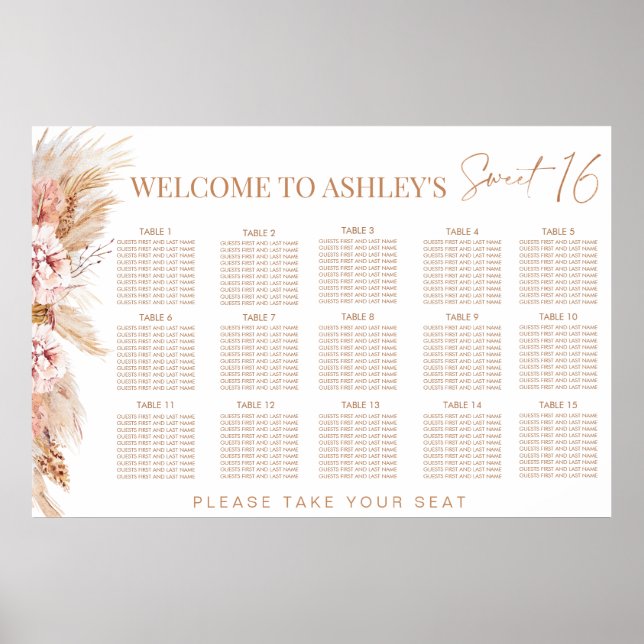 Blush Floral Terracotte Sweet 16 Seating Chart Poster (Vorne)