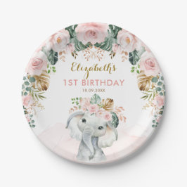 Blush Floral Tropical Boho Elephant Birthday Girl Pappteller