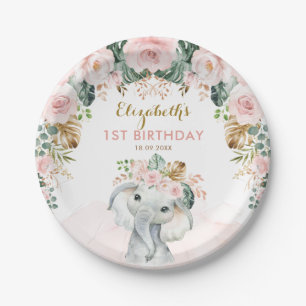 Blush Floral Tropical Boho Elephant Birthday Girl Pappteller
