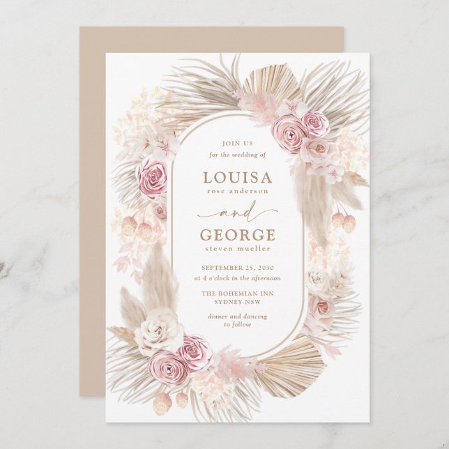 Blush Floral Tropical Boho Pampas Grass Wedding Einladung (Vorne/Hinten)