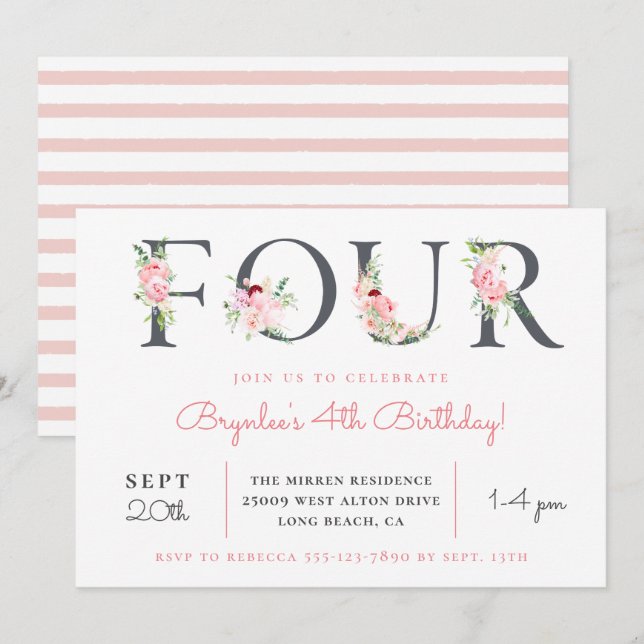 Blush Floral VIER | 4. Geburtstag Party Einladung (Vorne/Hinten)
