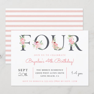 Blush Floral VIER   4. Geburtstag Party Einladung