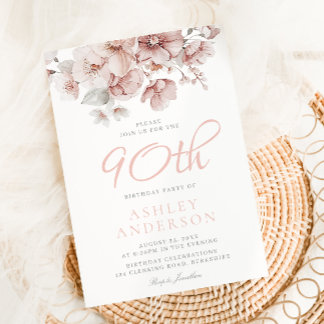 Blush Floral Wasserfarbe 90. Geburtstag Einladung