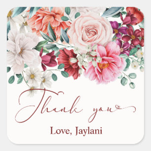 Blush Floral Watercolor Boho Peony Vielen Dank Quadratischer Aufkleber