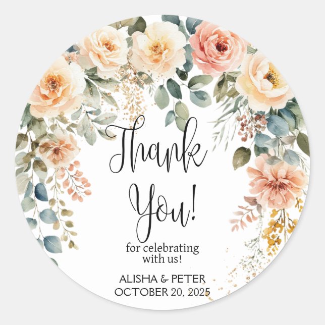 Blush Floral Watercolor Flat Vielen Dank Runder Aufkleber (Vorderseite)
