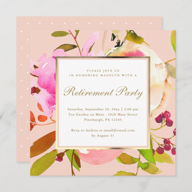 Blush Floral Watercolor mit Dots Retirement Party Einladung (Vorne/Hinten)