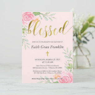 Blush Floral Watercolor und Gold gesegnete Taufe Einladung